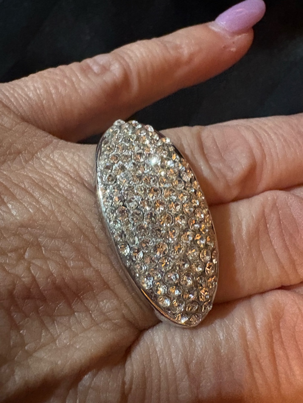 Sparkling Pave Oval Silver-Tone Two Finger Ring with Clear Crystal